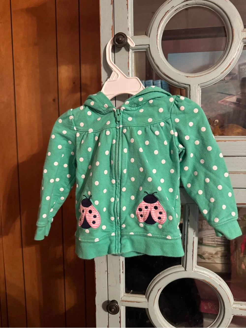 Baby Girl Green Polka Dot Hooded Zip Jacket Ladybug Pockets Size 18 Months C2